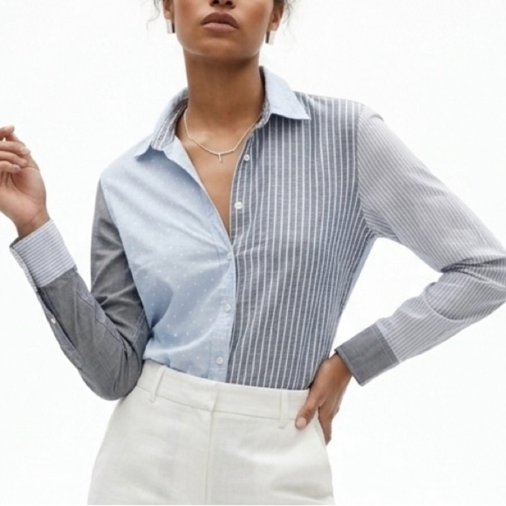 Cino Mixed Media Patchwork Button Down Shirt Blue Stripe Dot Crinkle Cotton Sz S